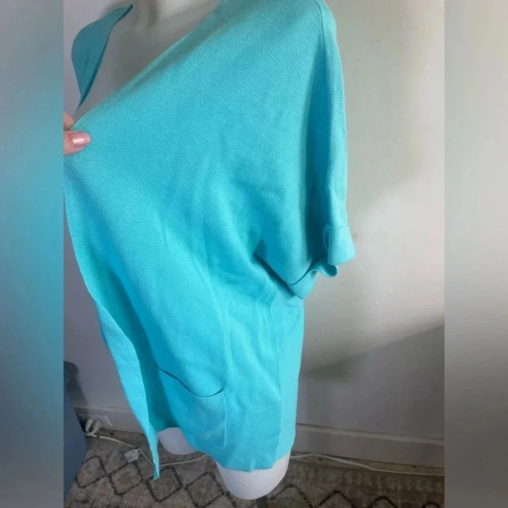 Talbots short sleeve open front cardigan duster Turquoise Blue Pockets LP 0059 - Picture 3 of 10